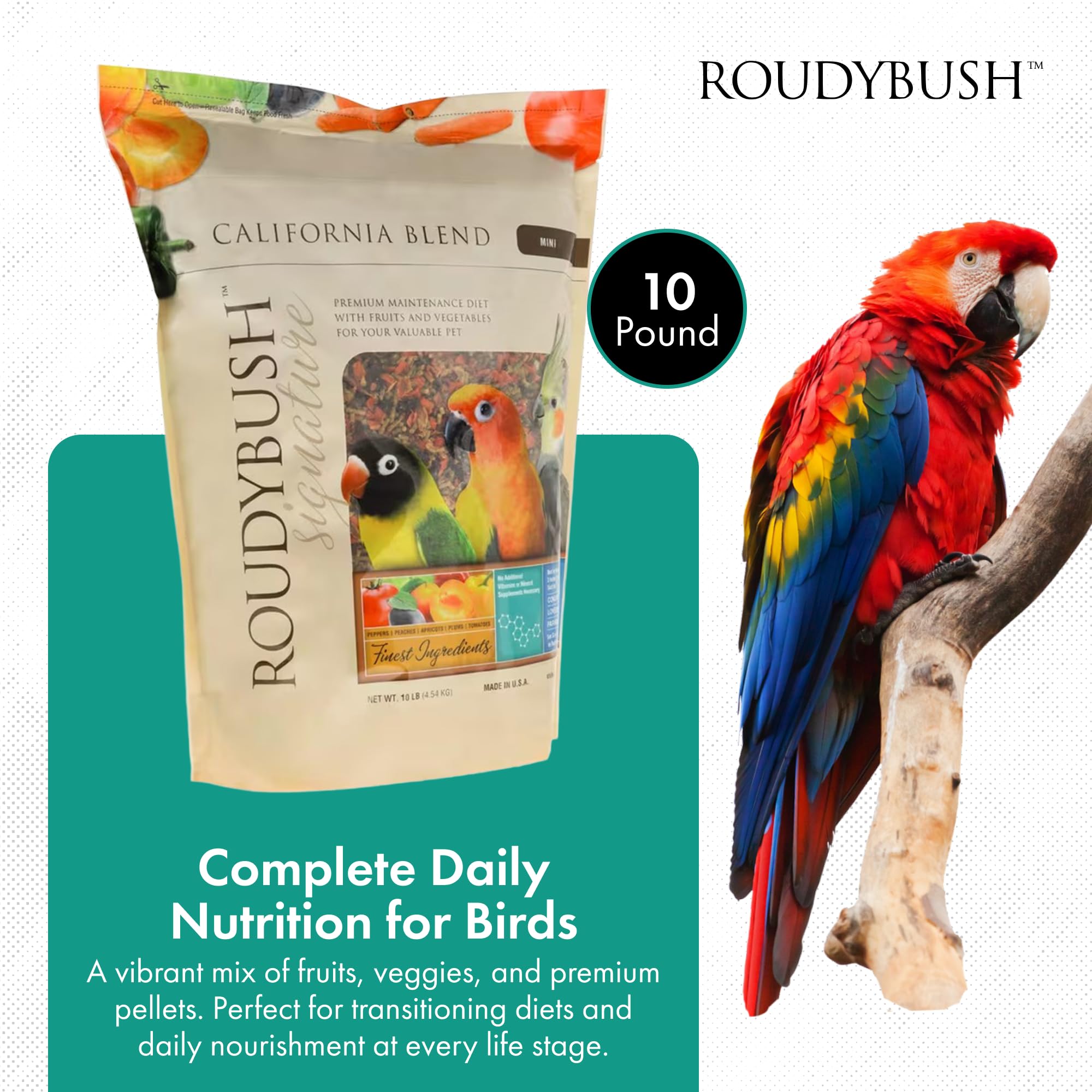 Pellets mini RoudyBush California Blend, dimensions adaptées pour petits oiseaux.