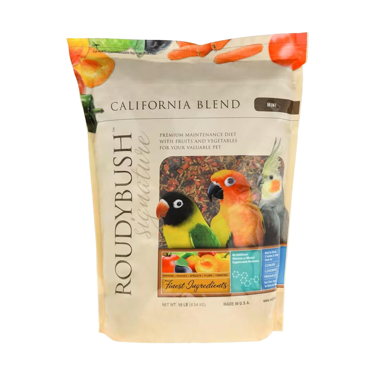 Sac RoudyBush California Blend Mini, emballage visible, alimentation équilibrée pour oiseaux.