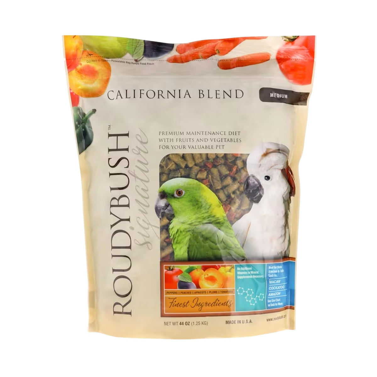 Roudybush California Blend Pellets: aliments nutritifs pour oiseaux, réduction des déchets.