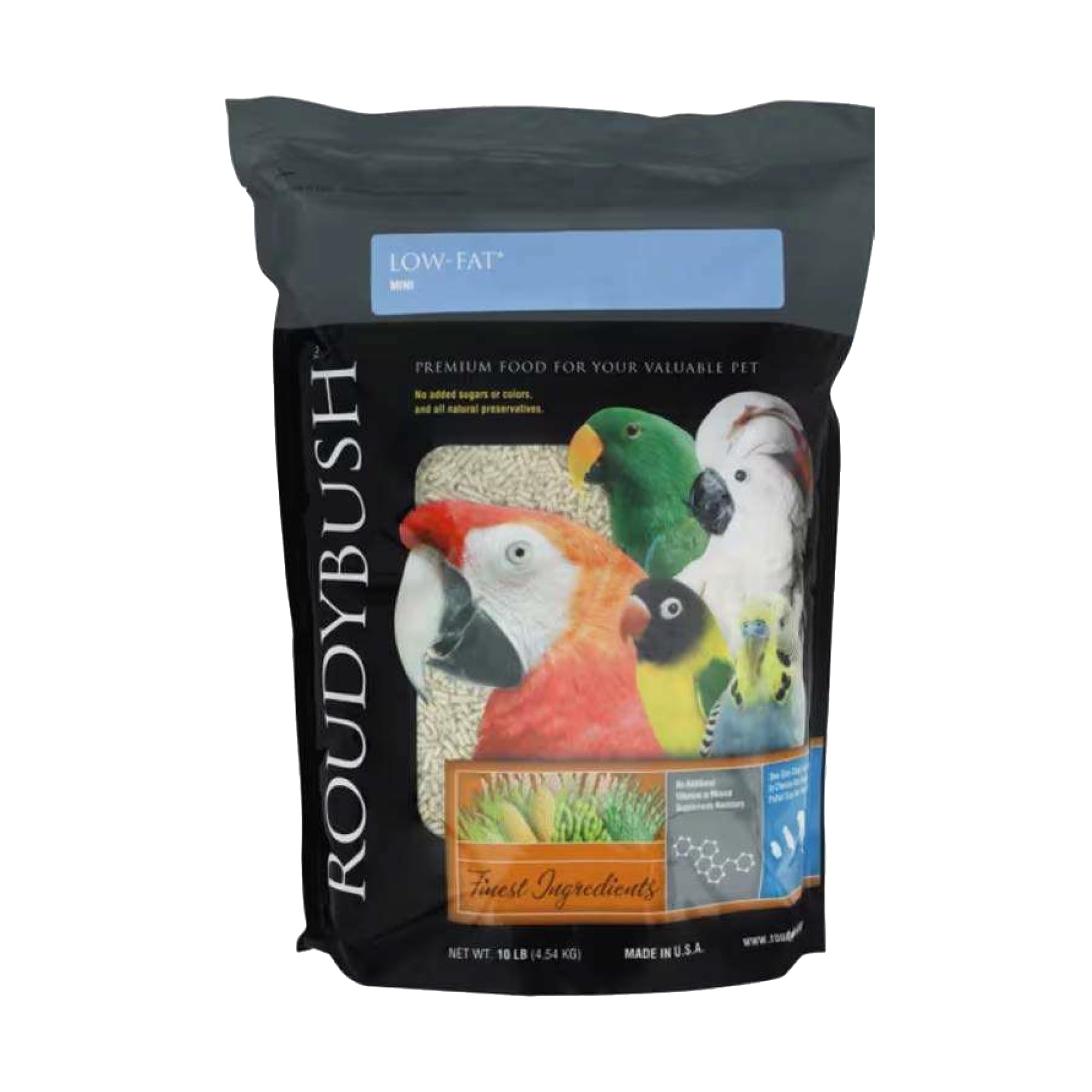RoudyBush pellets-oiseaux: emballage clair montrant alimentation équilibrée pour oiseaux adultes et poussins.
