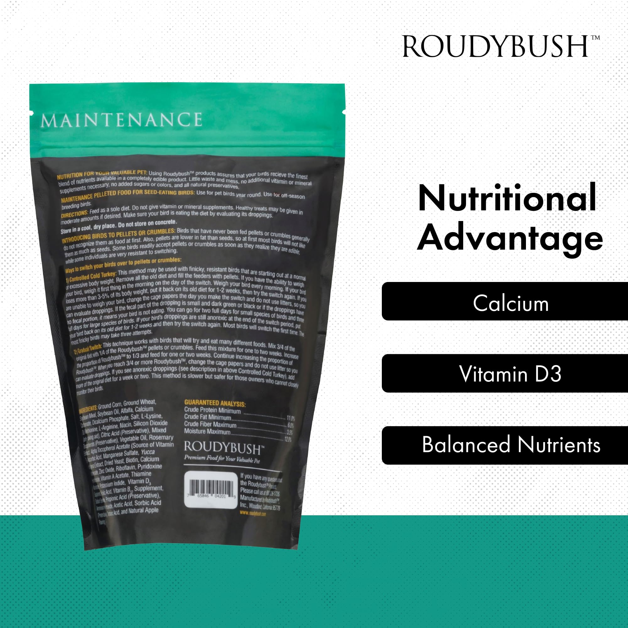 Étiquette Roudybush Maintenance montrant ingrédients et valeurs nutritionnelles.