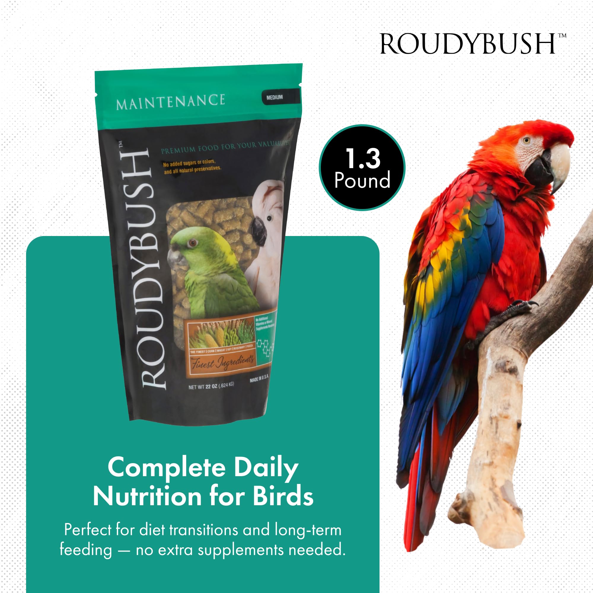 Gros plan sur les pellets Roudybush Maintenance, texture compacte pour une alimentation ciblée.