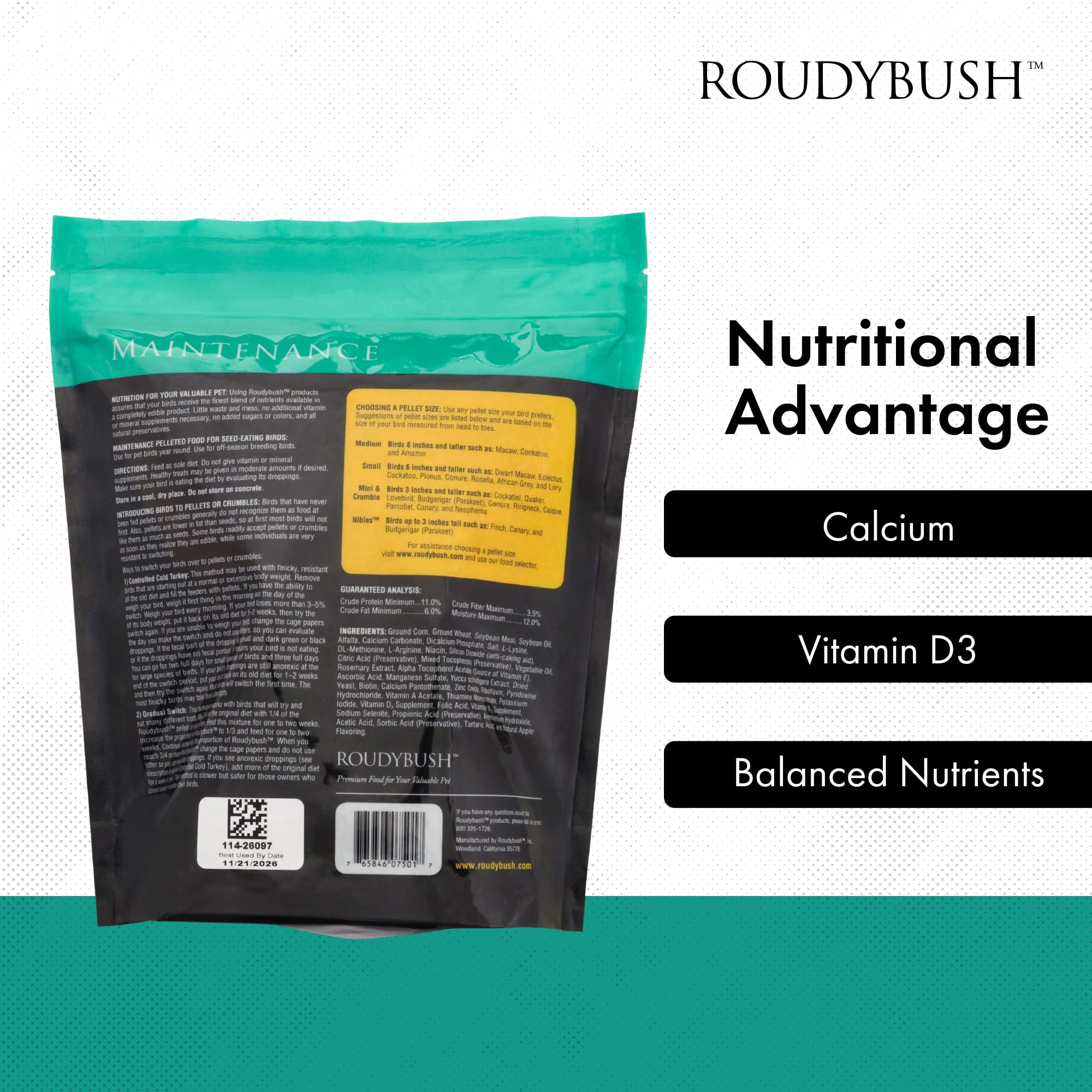 Nutrition équilibrée avec vitamines et minéraux essentiels pour l’oiseau.