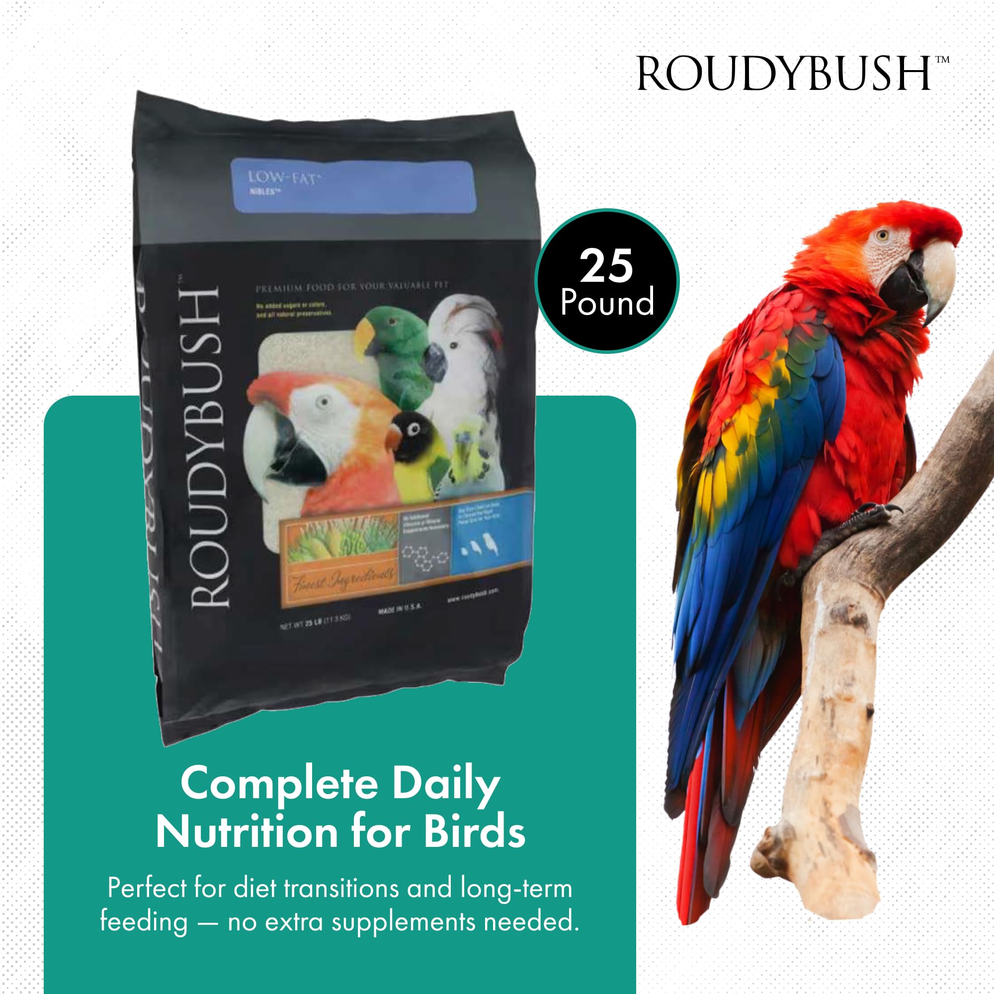 RoudyBush pellets faible graisse détail, texture adaptée pour repas quotidiens des oiseaux.