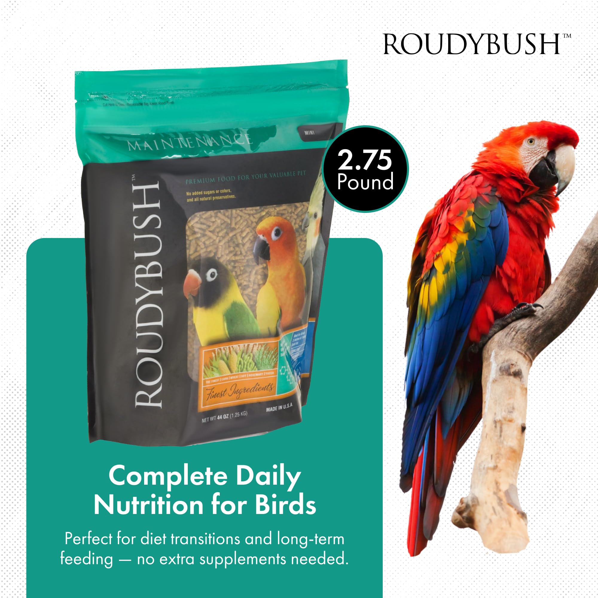 Pellets RoudyBush pour oiseaux en croissance, support nutritionnel quotidien.