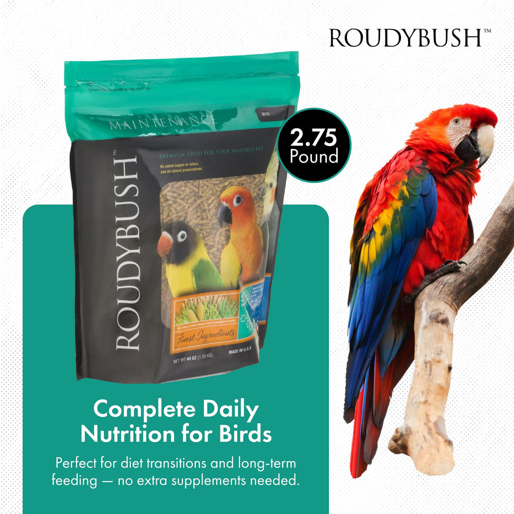 Pellets RoudyBush pour oiseaux en croissance, support nutritionnel quotidien.