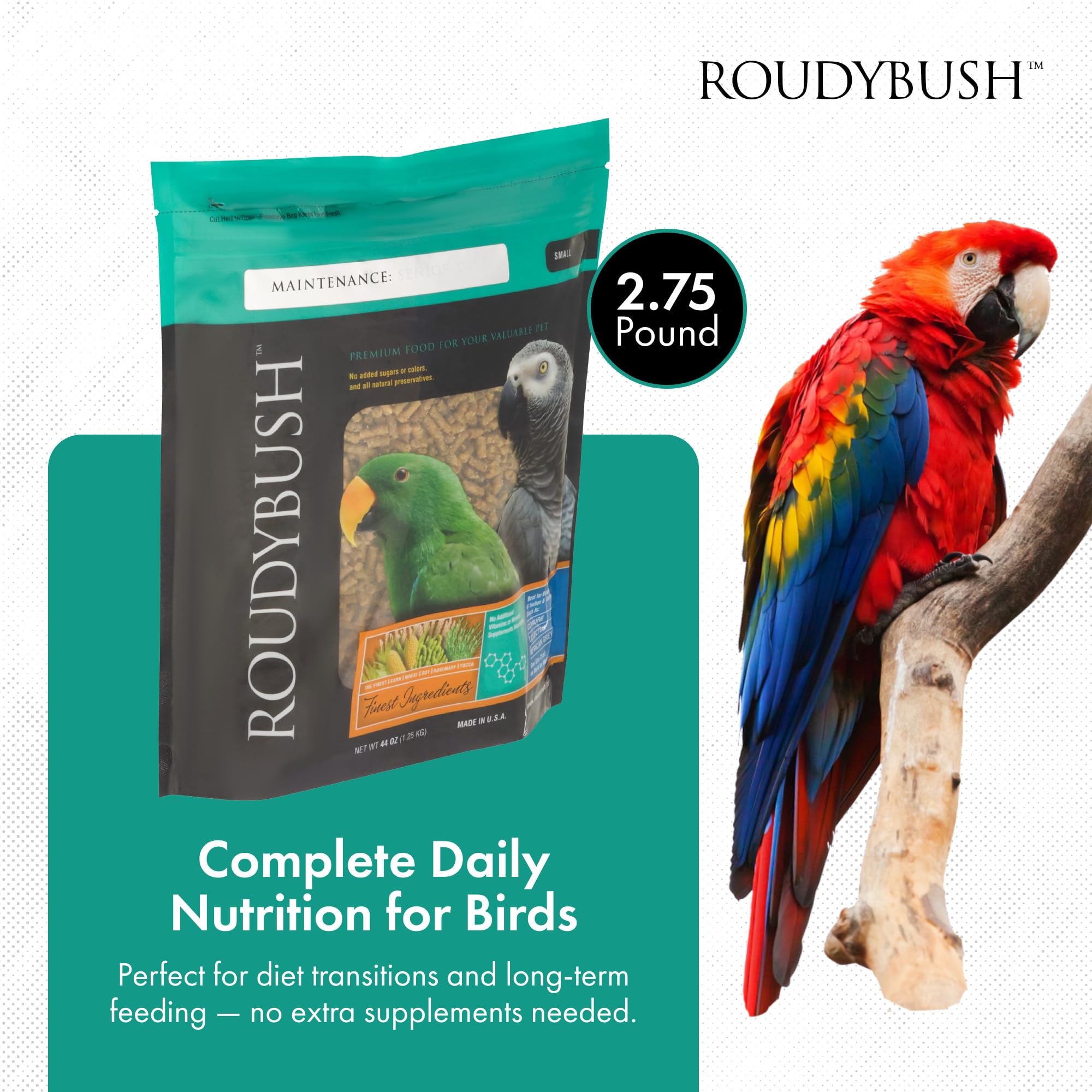 RoudyBush Senior Diet pellets aperçu – nutrition équilibrée pour petits oiseaux.