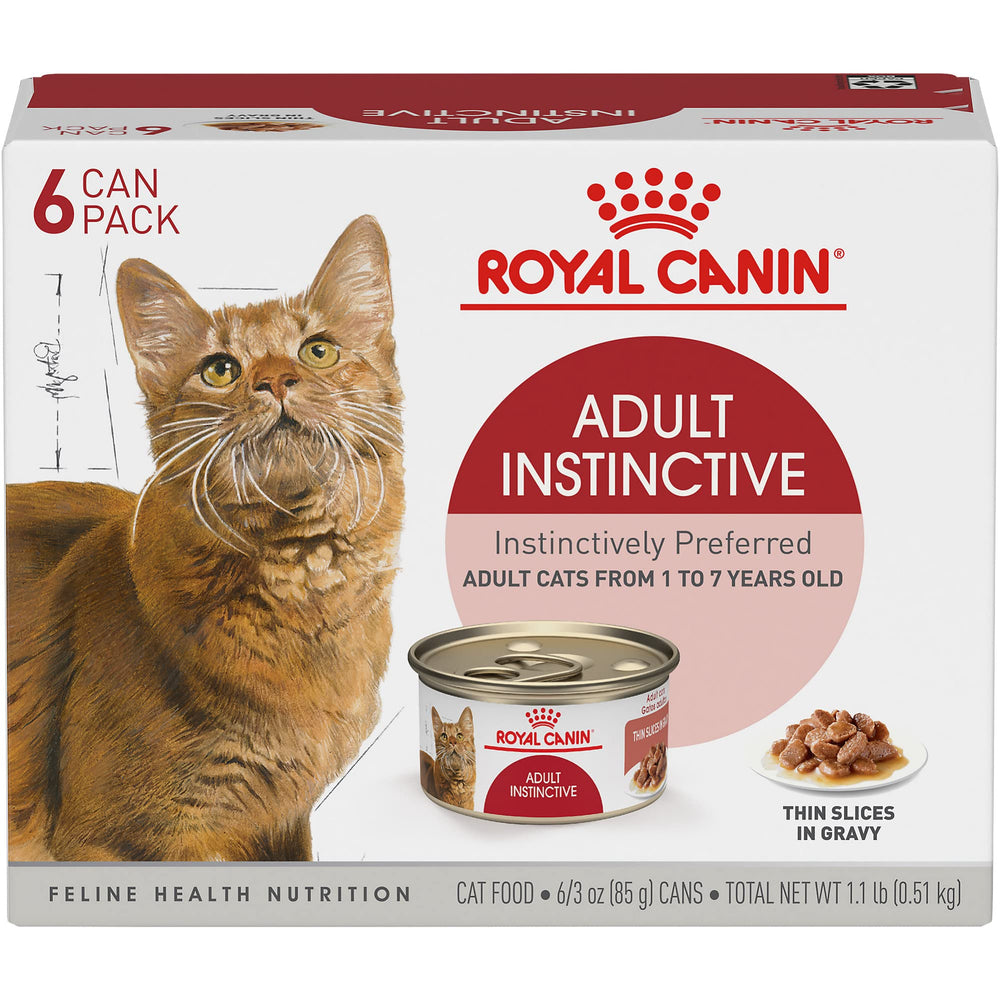 Boîte Royal Canin Adulte Instinctif Tranches FinEs en sauce, repas équilibré pour chat.