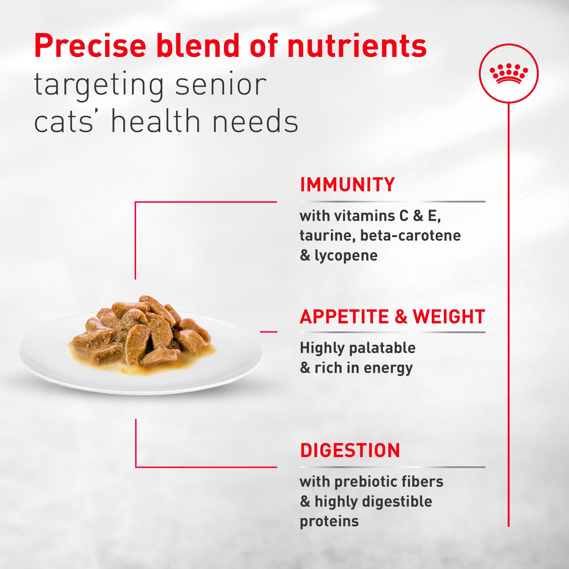 Royal Canin Aging 11+ texture moelleuse, facilité de mastication pour seniors.