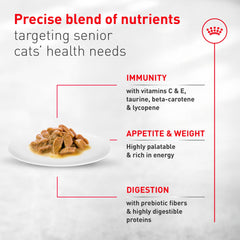 Royal Canin Aging 11+ texture moelleuse, facilité de mastication pour seniors.
