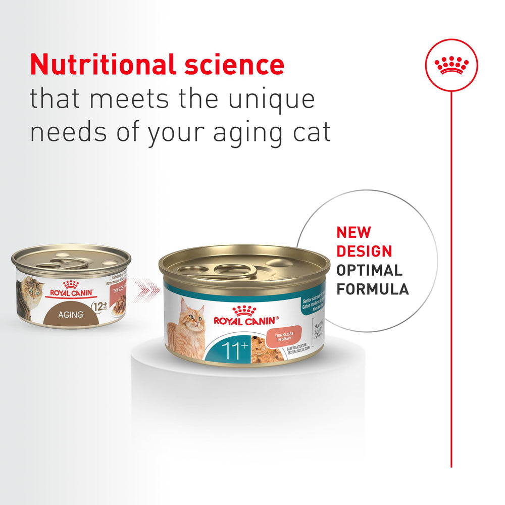 Royal Canin Aging 11+ tranches minces dans sauce, texture appétente et facile.