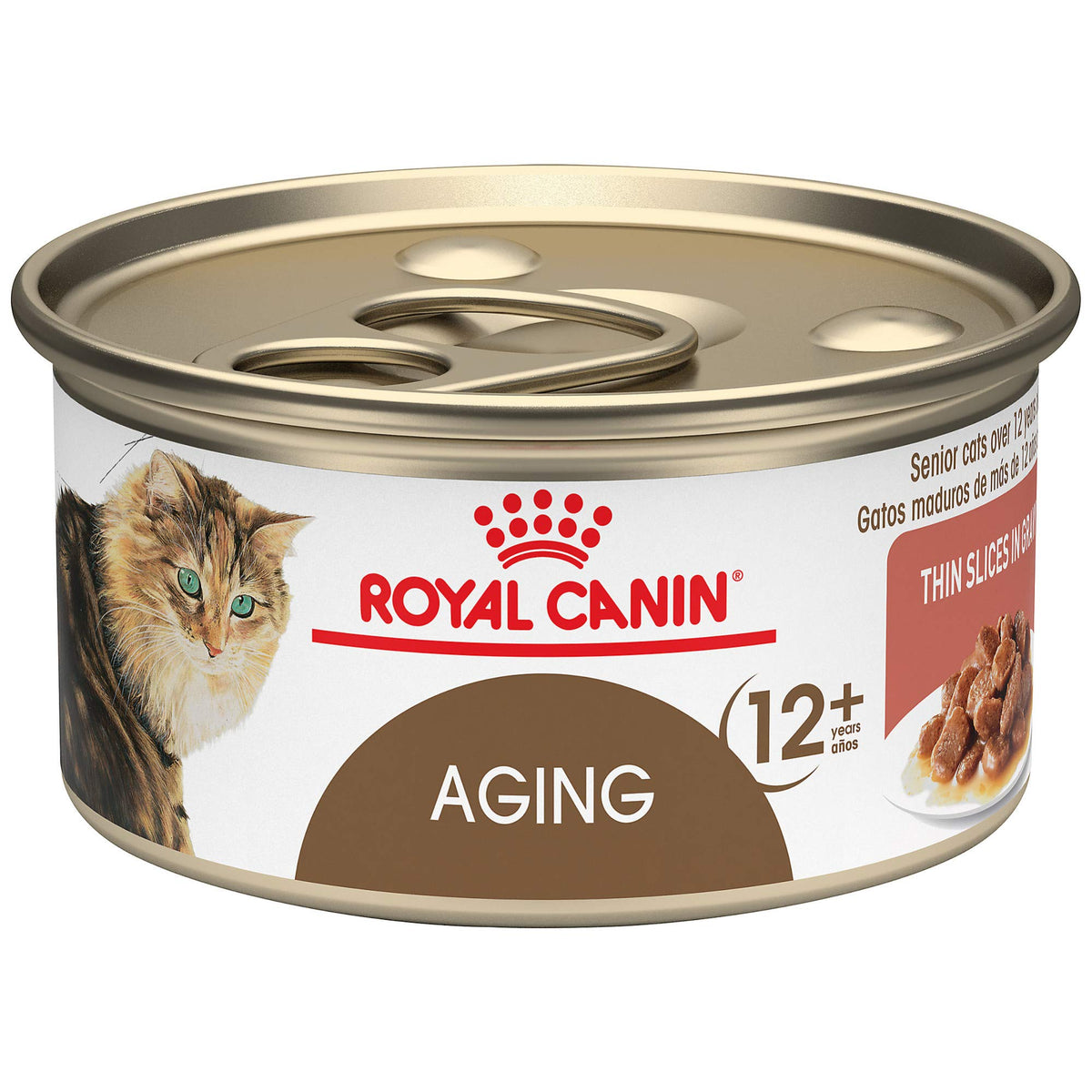 Royal Canin Aging 12+ – tranches fines en gravy, faciles à manger pour chat âgé.