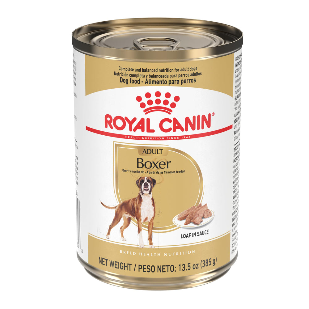 Emballage Royal Canin Boxer Adulte – conserve, pâté en sauce, prêt à servir facilement.
