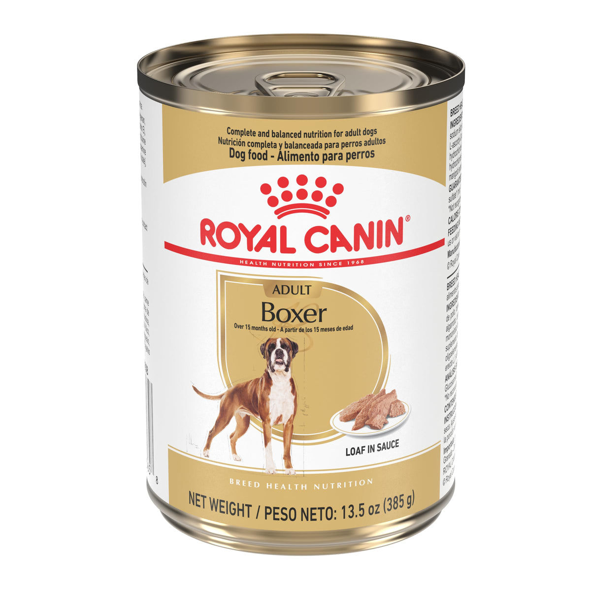 Emballage Royal Canin Boxer Adulte – conserve, pâté en sauce, prêt à servir facilement.