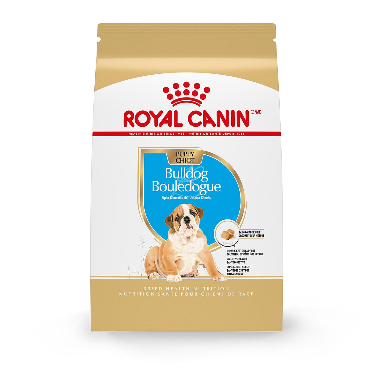 Royal Canin Bulldog chiot croquettes forme ondulée facilitant la prise en bouche