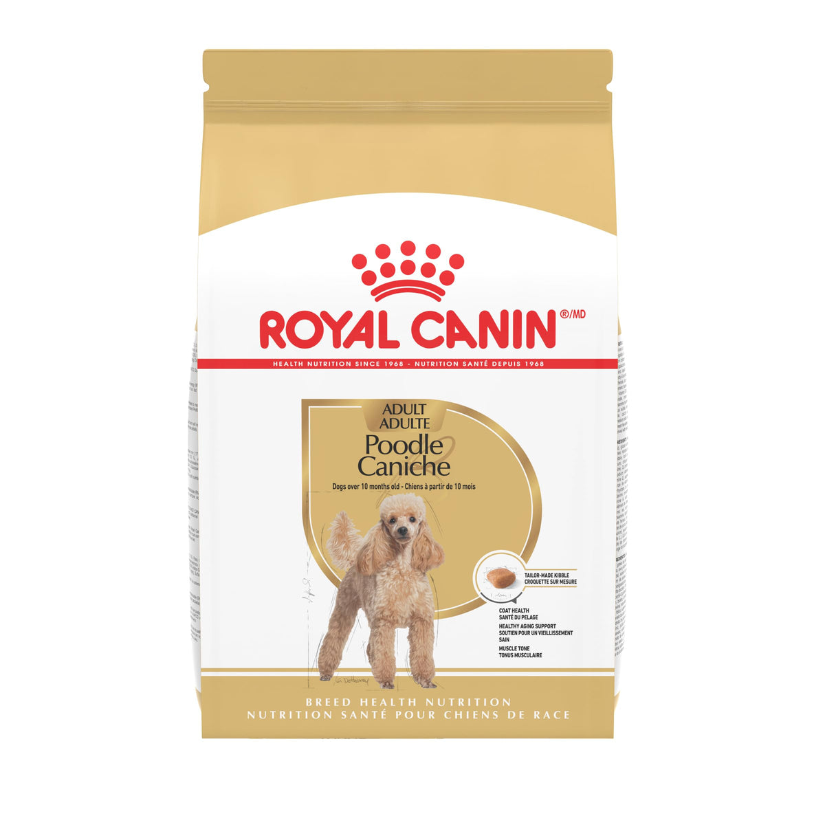 Royal Canin croquettes Caniche adulte, forme adaptée et prise facilitée.
