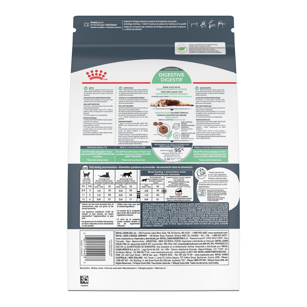 Royal Canin Digestive Care: chat dégustant croquettes-anneau pour ingestion plus lente.