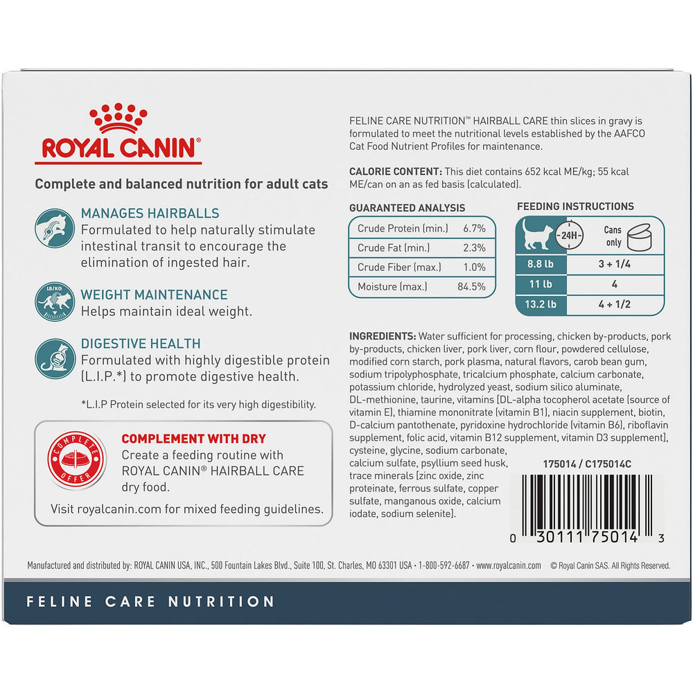 Royal Canin Hairball Care – morceaux fins dans sauce, texture appétissante soutenant le transit.