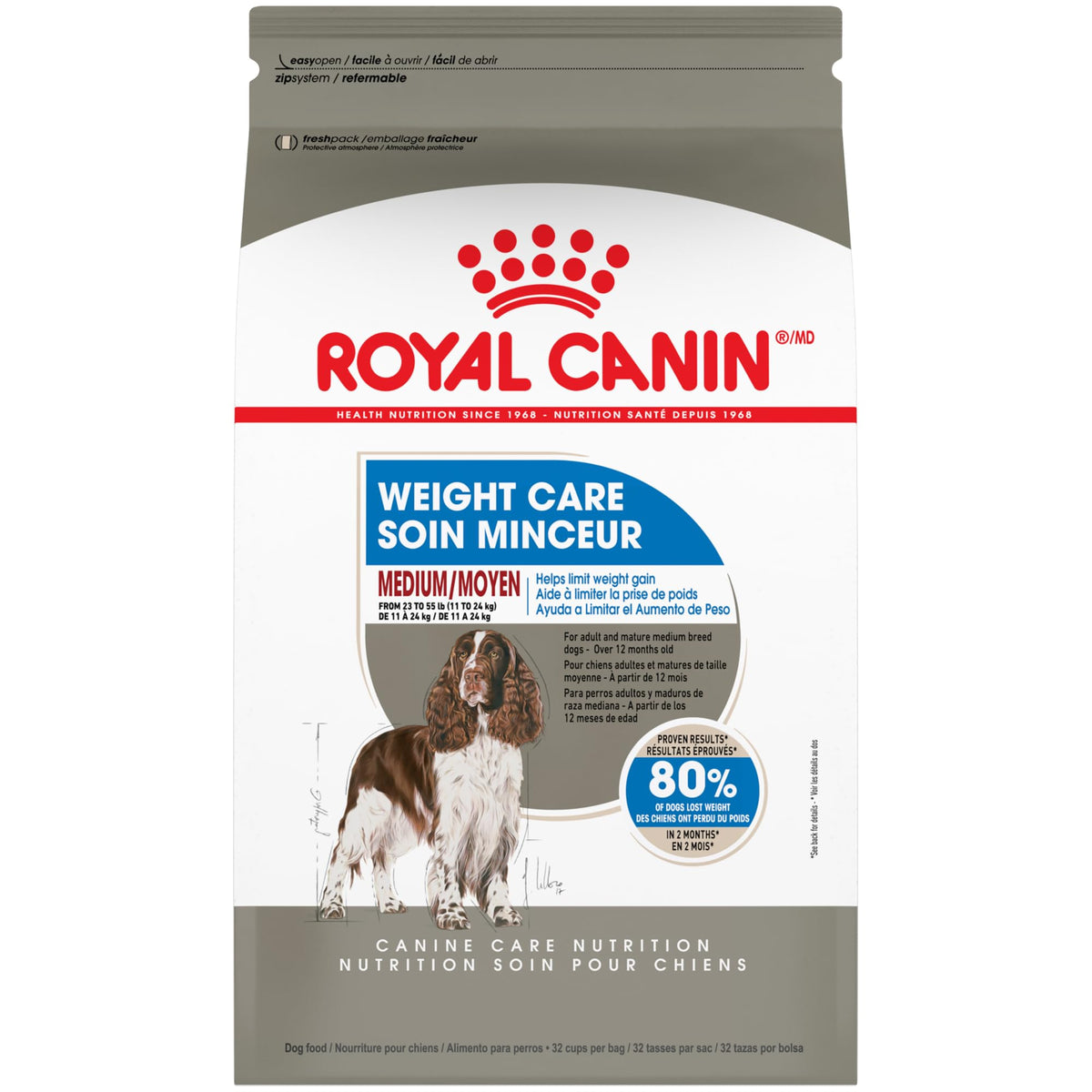 Sachet Royal Canin Medium Weight Care pour chiens de poids moyen, emballage pratique.