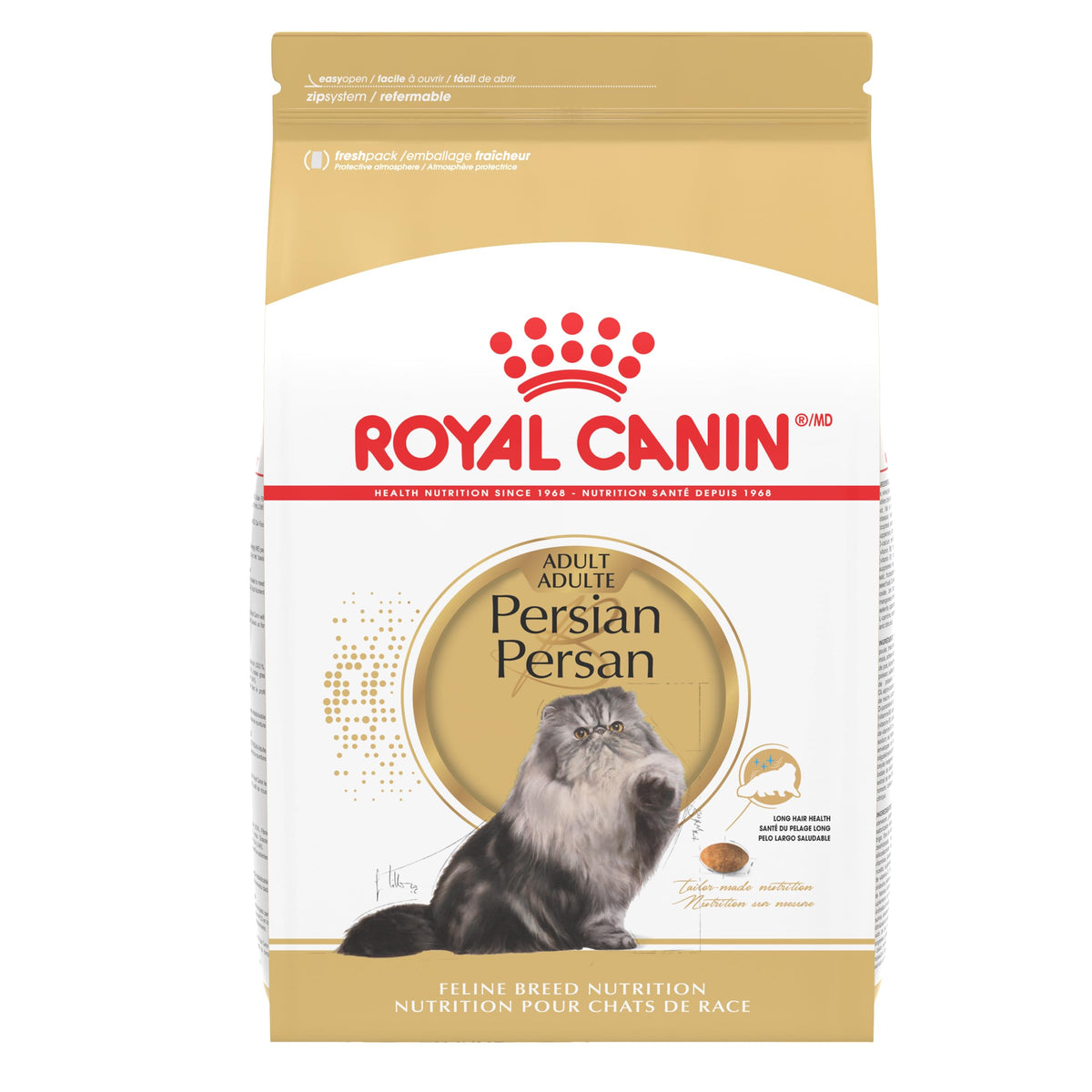 Royal Canin Persan croquettes — forme adaptée facilitant la prise et soutenant le pelage.