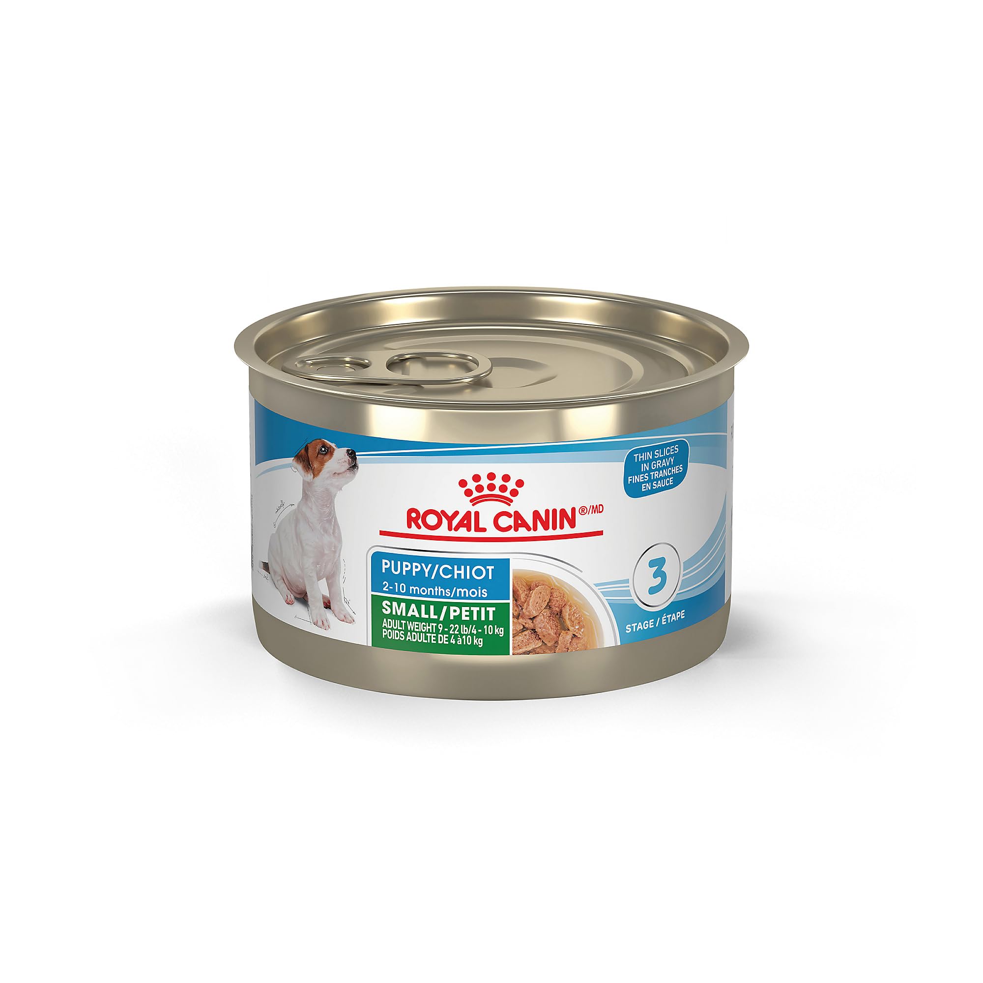 Royal Canin petit chiot tranches fines en sauce, texture facile à mâcher pour chiots.