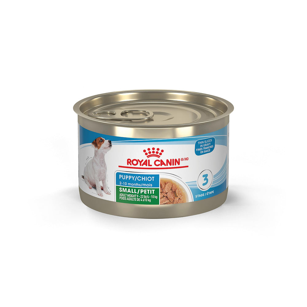 Royal Canin petit chiot tranches fines en sauce, texture facile à mâcher pour chiots.
