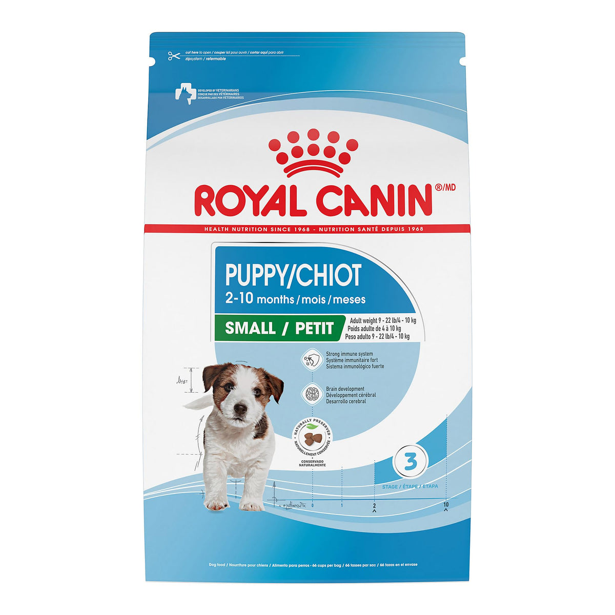 Royal Canin emballage chiot petite race, pratique pour l alimentation quotidienne.