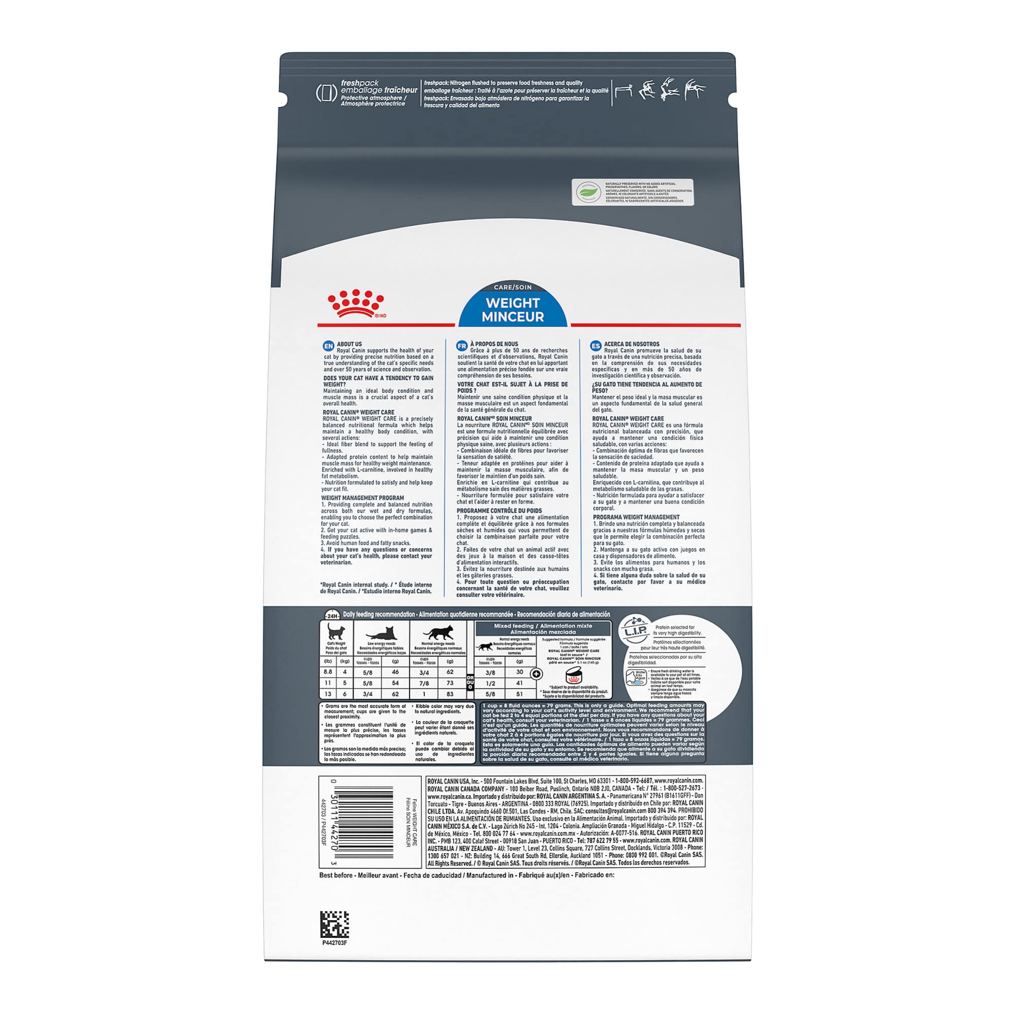 ROYAL CANIN Soin Félin – emballage clair démontrant une alimentation adaptée au poids.