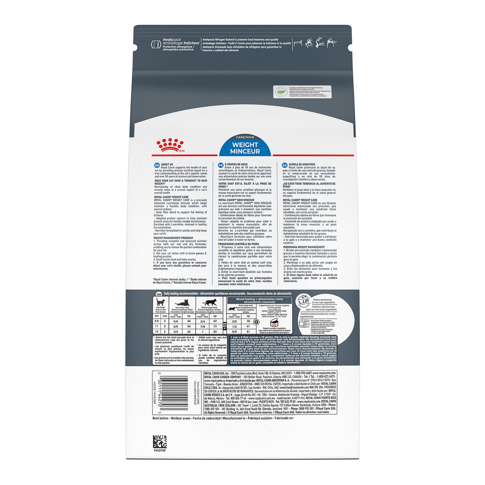 ROYAL CANIN Soin Félin – emballage clair démontrant une alimentation adaptée au poids.