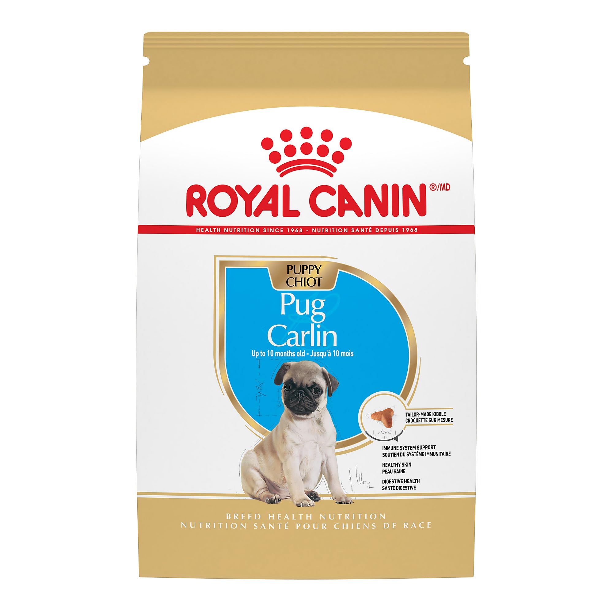 Royal Canin Pug Puppy, croquettes petite taille facilitant la prise et la mastication.