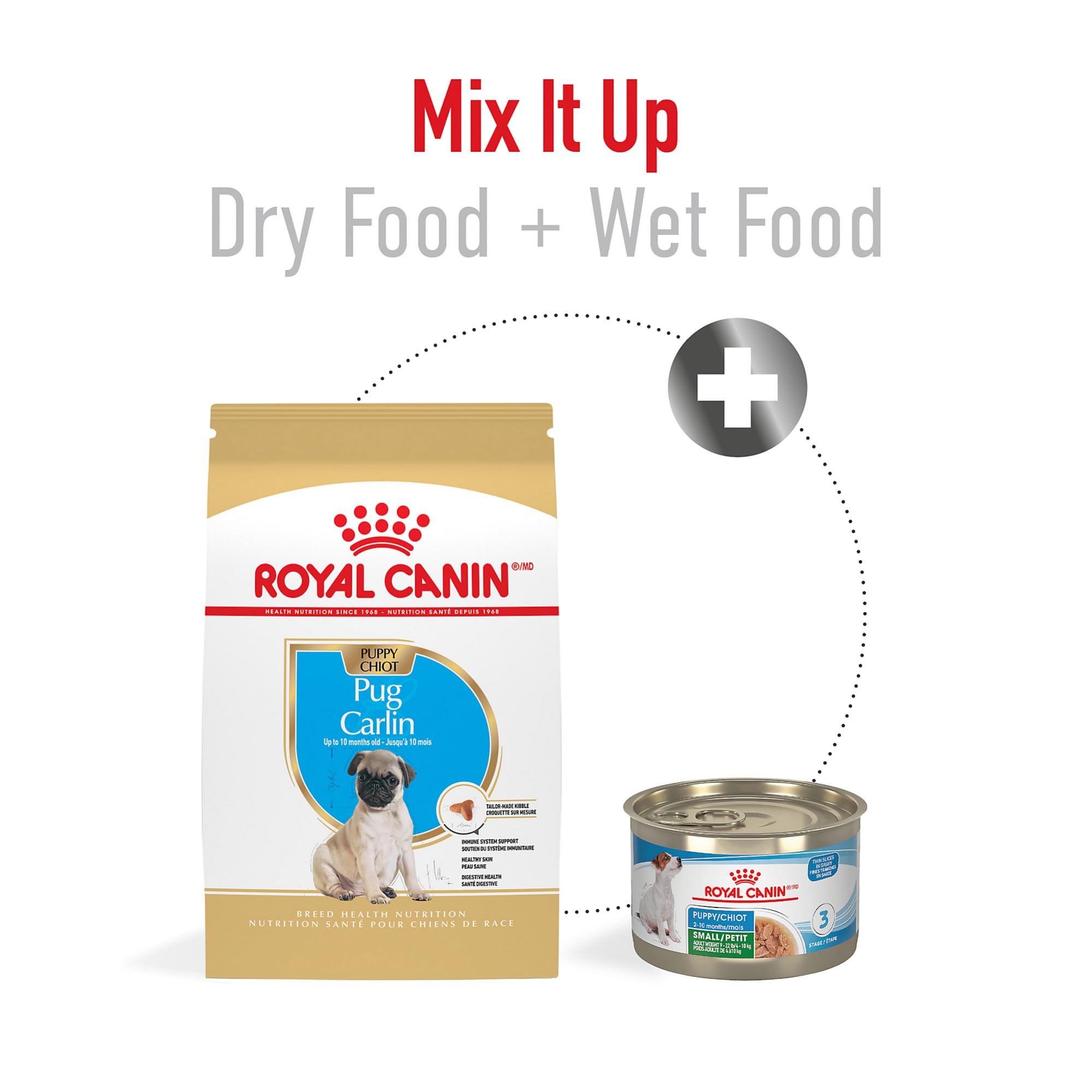 Royal Canin Pug Puppy, digestion équilibrée via protéines de haute qualité et prébiotiques.