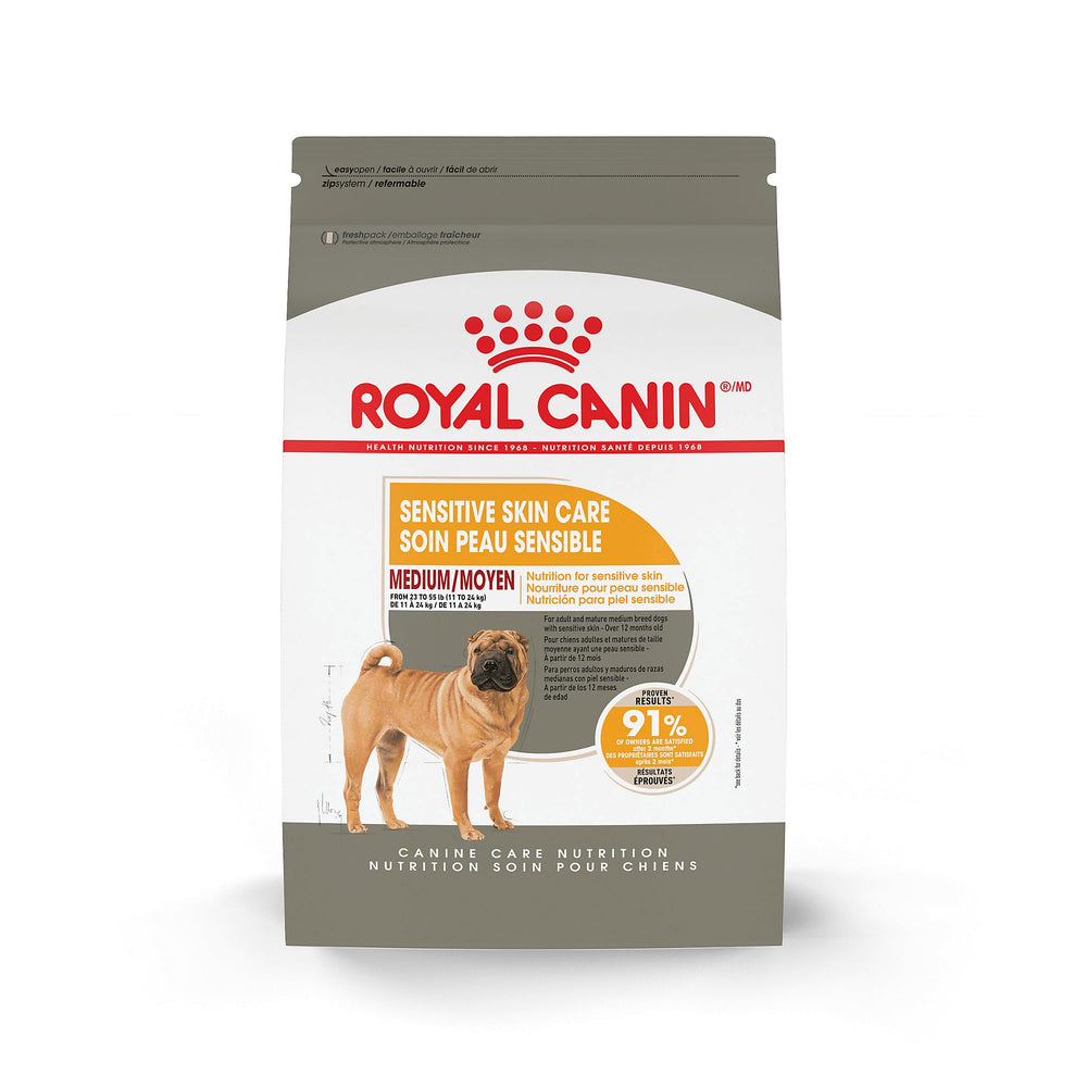 Royal Canin sac croquettes peau sensible, pratique et facile à doser pour chien adulte de taille moyenne.