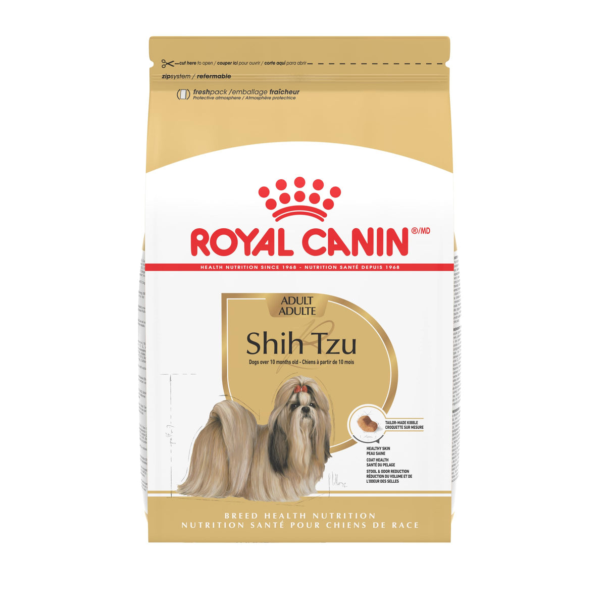 Croquettes Royal Canin Shih Tzu adulte, forme adaptée, facilite la prise en bouche pour petit museau