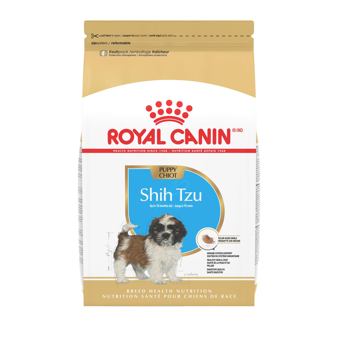 Shih Tzu Puppy Royal Canin, croquettes forme adaptée museau court, facilite prise en bouche.