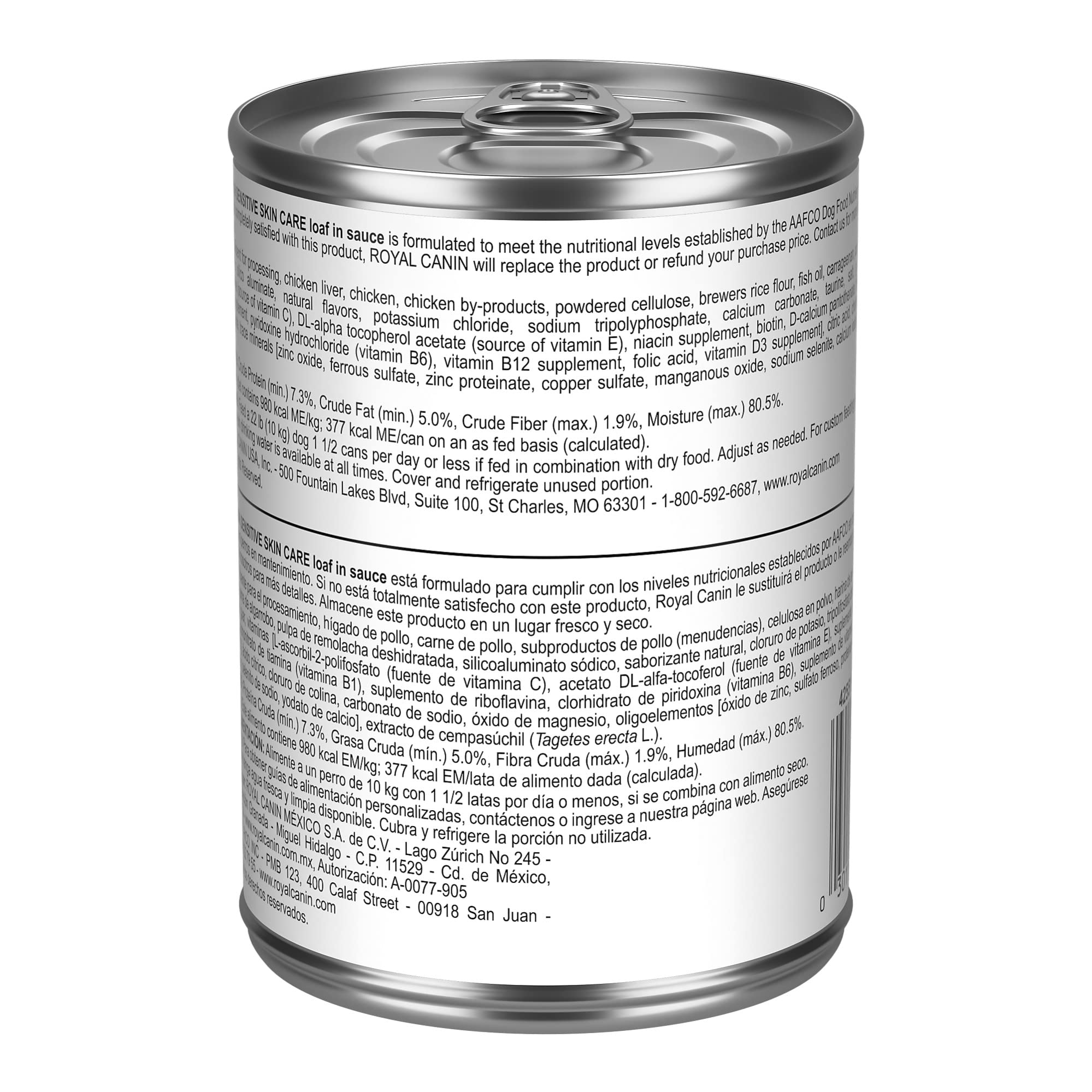 Royal Canin Soin Peau Sensible terrine dans sa sauce, chien content au moment du repas.