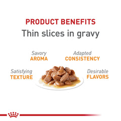 Morceaux en sauce Royal Canin pour chats adultes, texture appétente favorisant l'appétit.