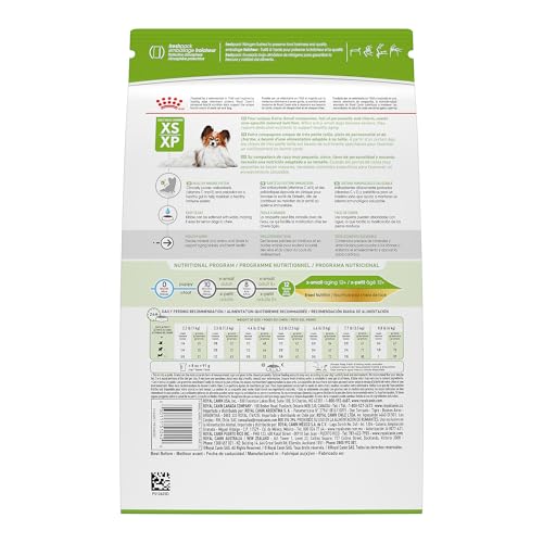 Emballage Royal Canin X-Small Aging 12+ montrant croquettes miniatures adaptées à petites races