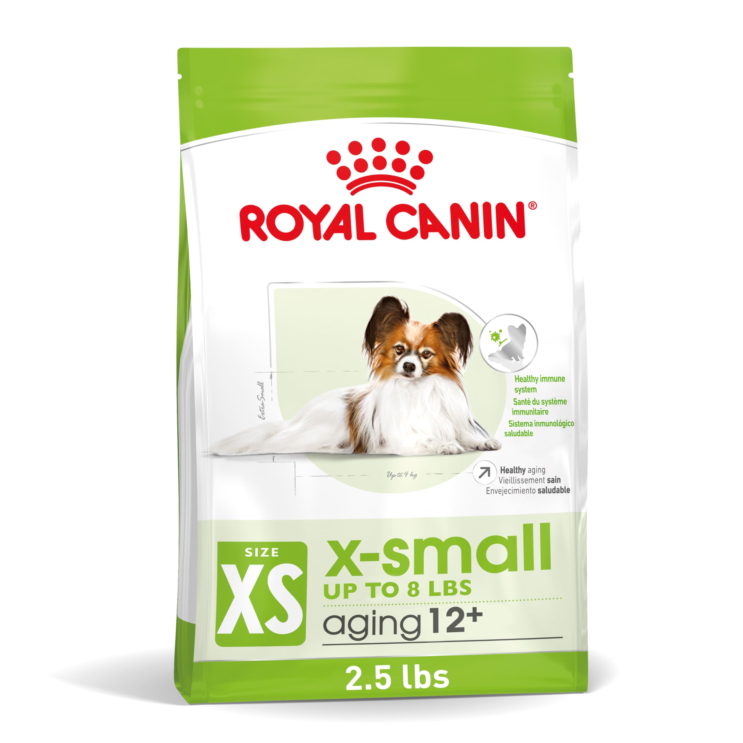 ROYALE CANIN X-Small Aging 12+ croquettes miniatures présentées dans un sachet; idéal pour chiens miniatures seniors