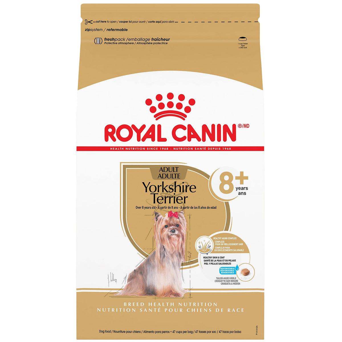 Royal Canin Yorkshire Terrier 8+ croquettes sénior, soutien nutritionnel adapté.