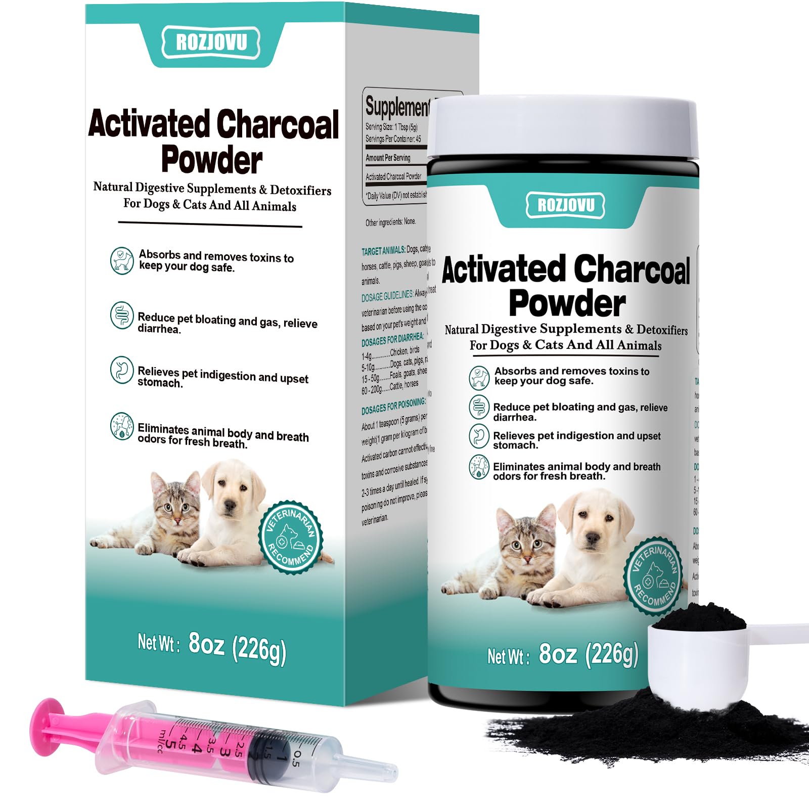 ROZJOVU Charbon Actif pour Animaux — bouteille 8 onces, prêt à l’emploi pour urgence.