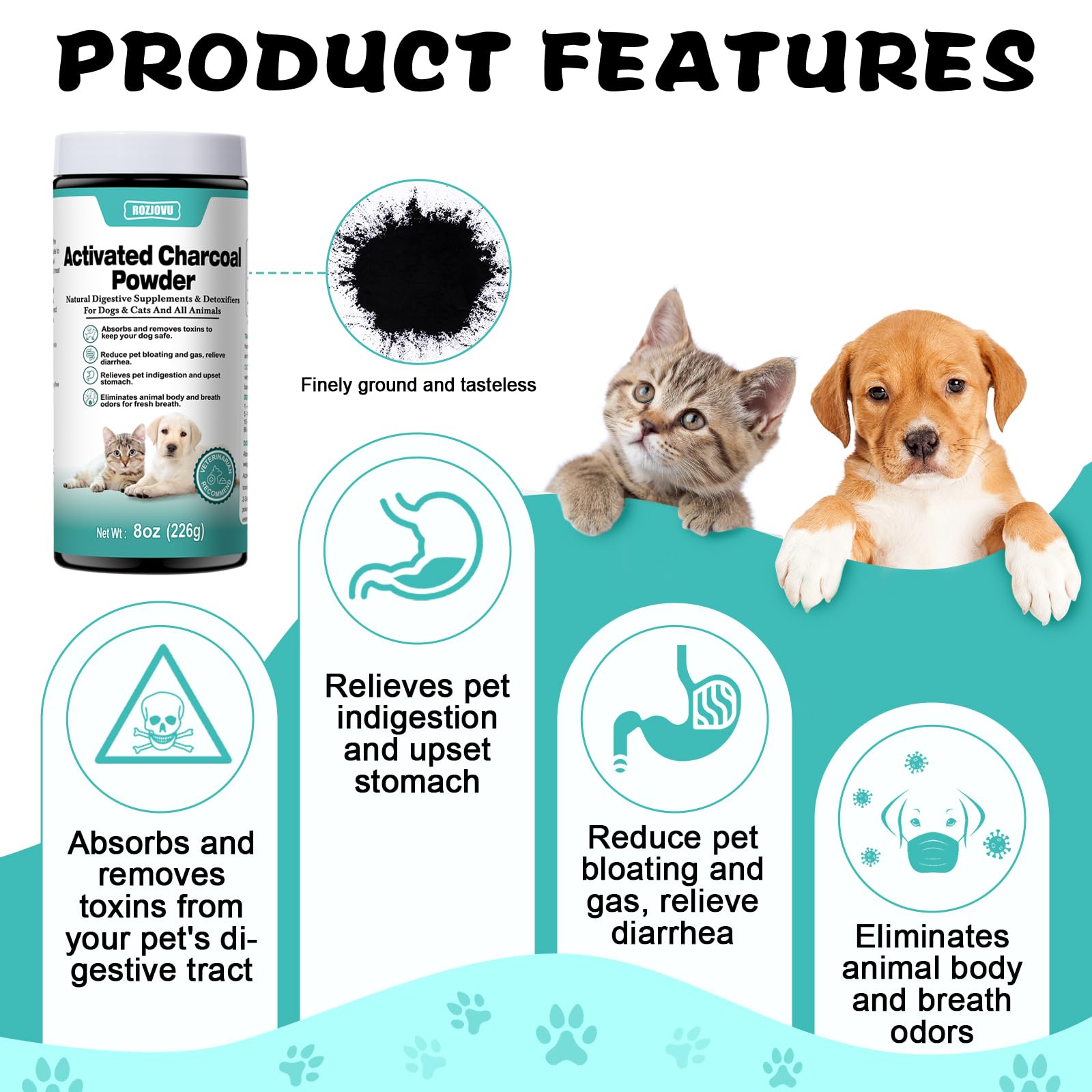 ROZJOVU Charbon Actif pour Animaux — poudre finement moulue facilitant l’administration.