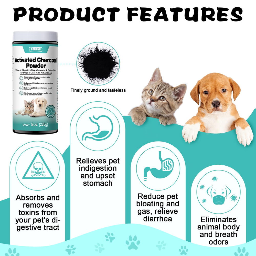 ROZJOVU Charbon Actif pour Animaux — poudre finement moulue facilitant l’administration.