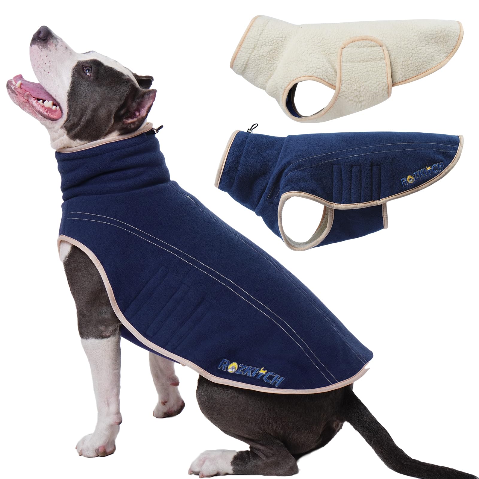 ROZKITCH gilet chien réversible, dos bleu foncé, parfait pour promenades hivernales et chaleur modulable