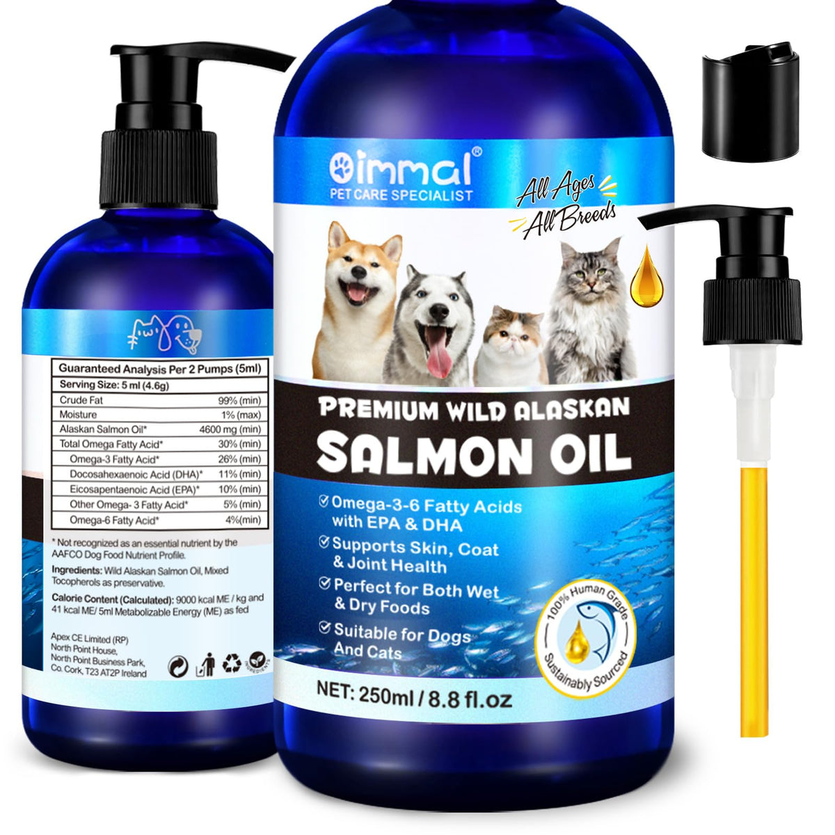 RTBYUE Omega3 huile de poisson — bouteille visible, pelage plus brillant et peau apaisée.