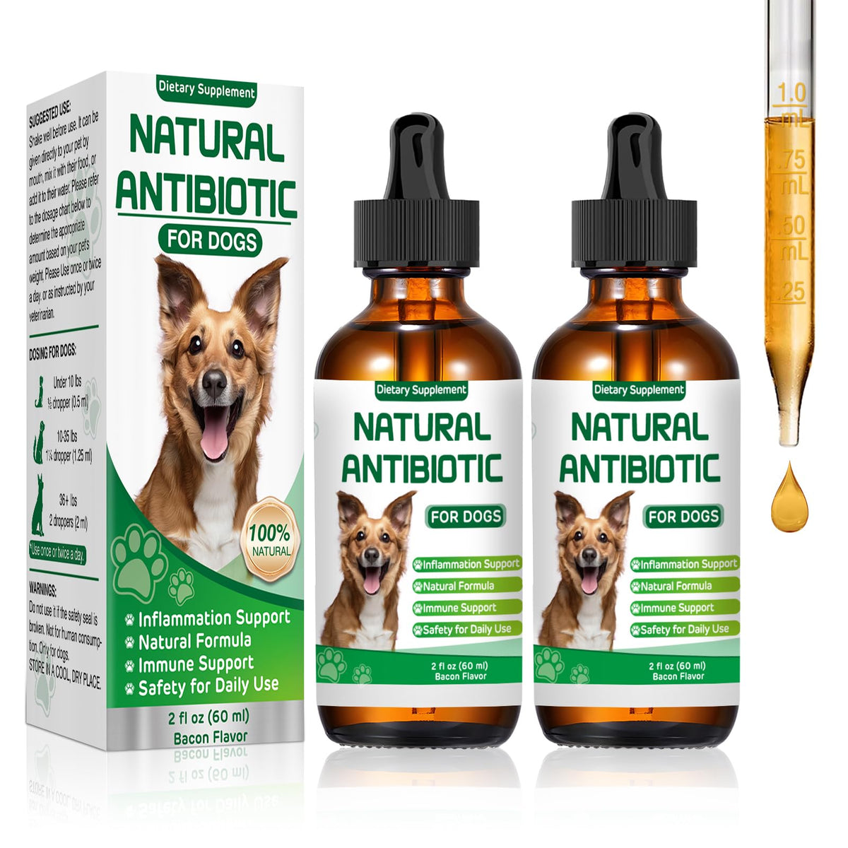 RUAKPL Antibiotiques pour chien: bouteille avec pipette pour une administration facile.