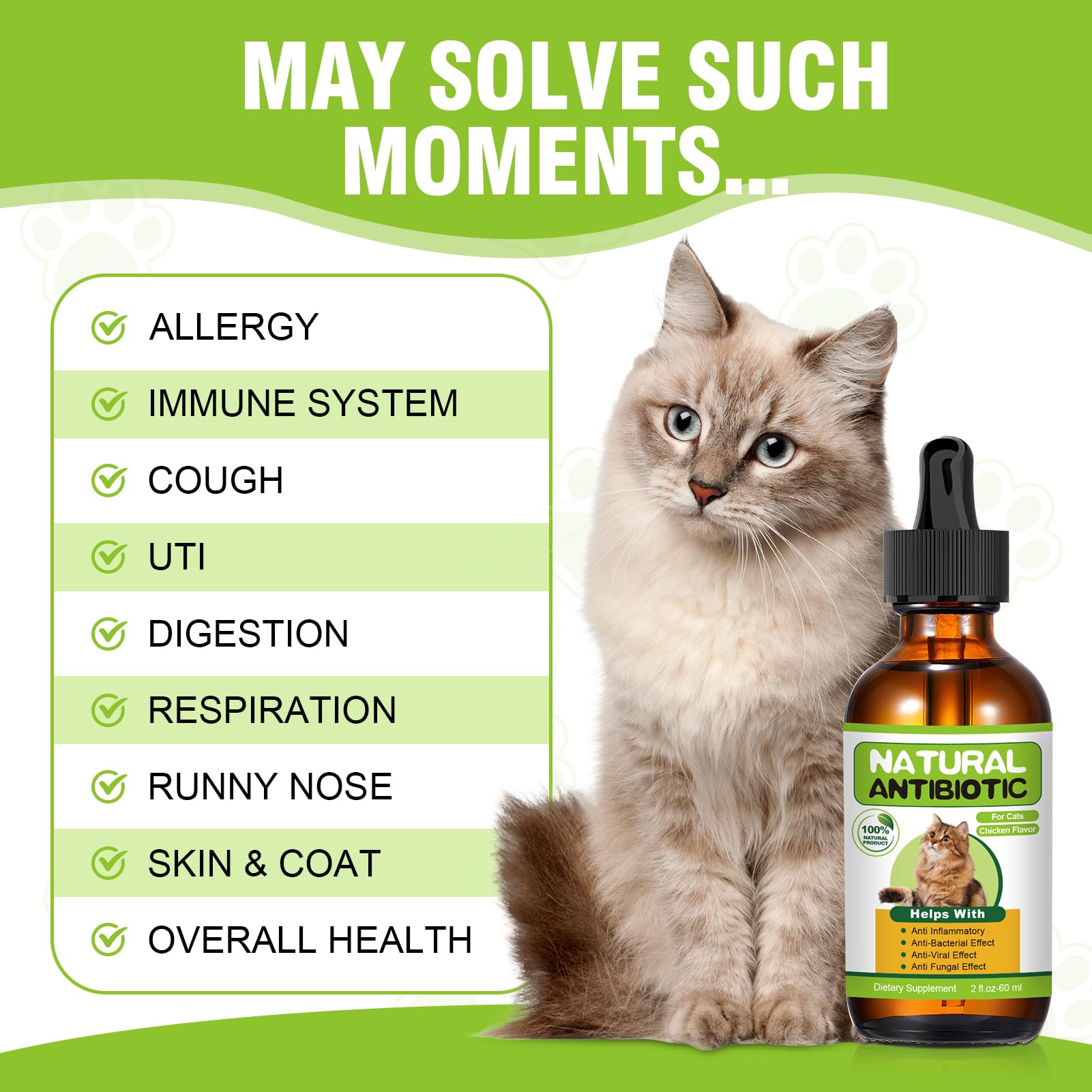 RUAKPL antibiotiques naturels pour chats, flacon-gouttes, facile à mélanger à la nourriture.