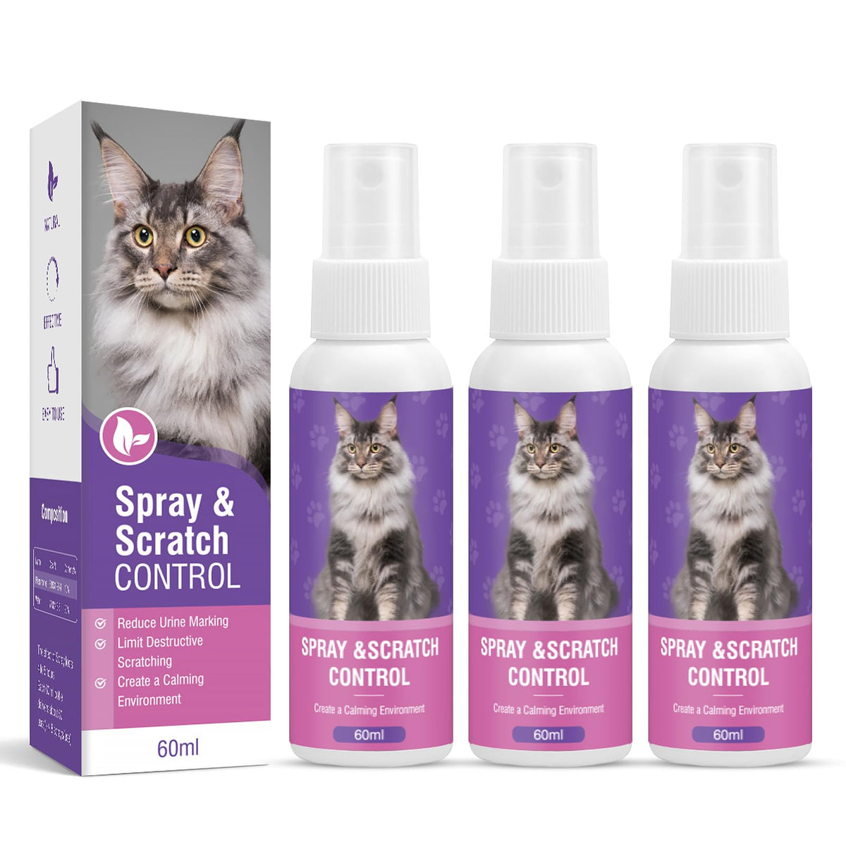 RUAKPL spray calmant chat 60 ml, bouteille prête pour l'apaisement.