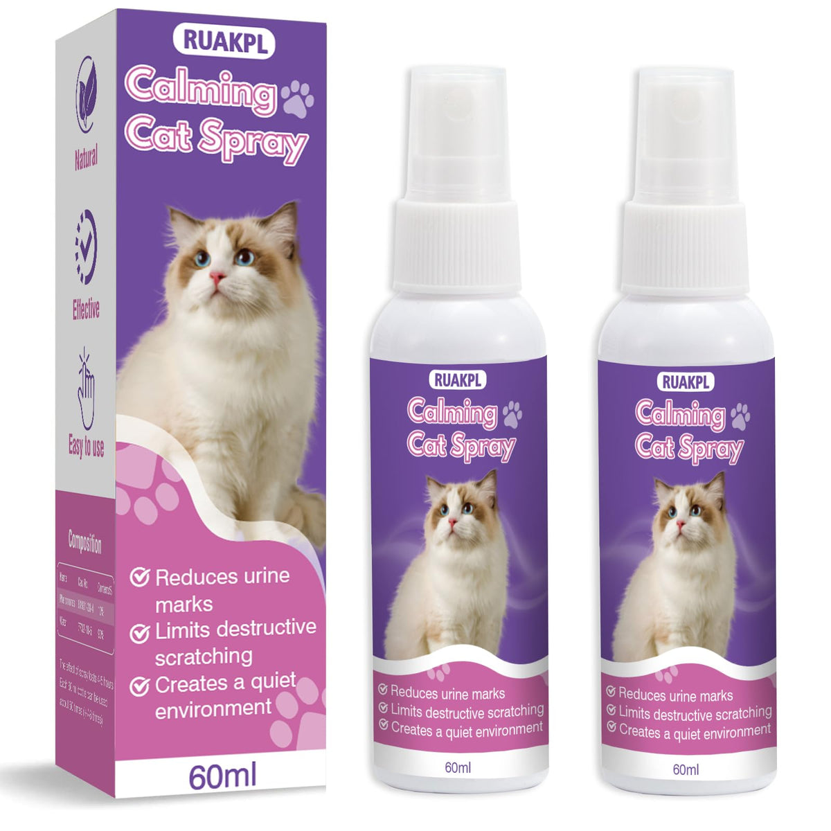 RUAKPL Spray calmant pour chats, flacon 60 ml, pour trajets plus sereins.