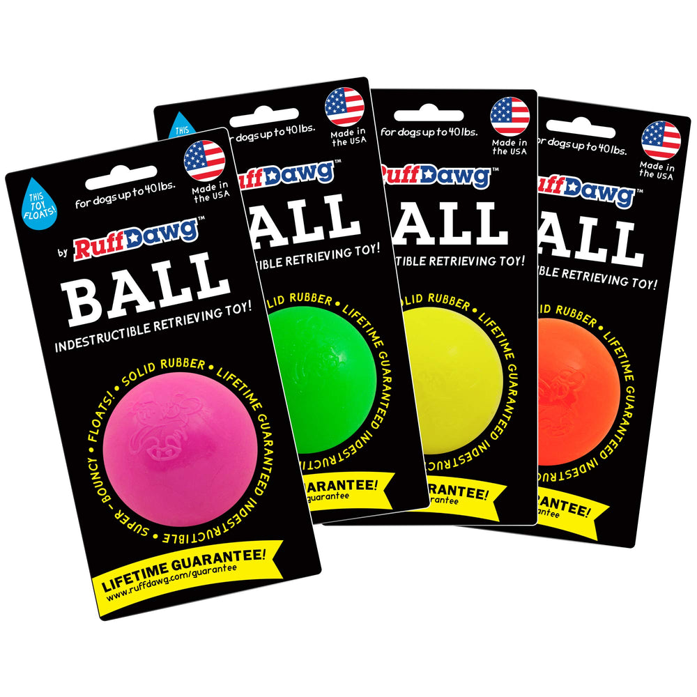 Balle indestructible Ruff Dawg design ronde et facilement repérable.