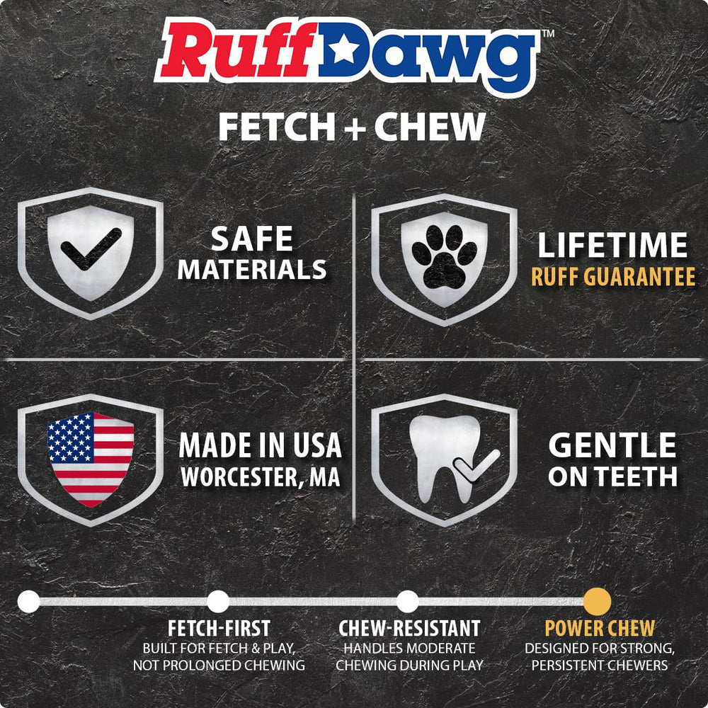 Balle indestructible Ruff Dawg fabriquée aux États‑Unis, qualité locale et fiable.
